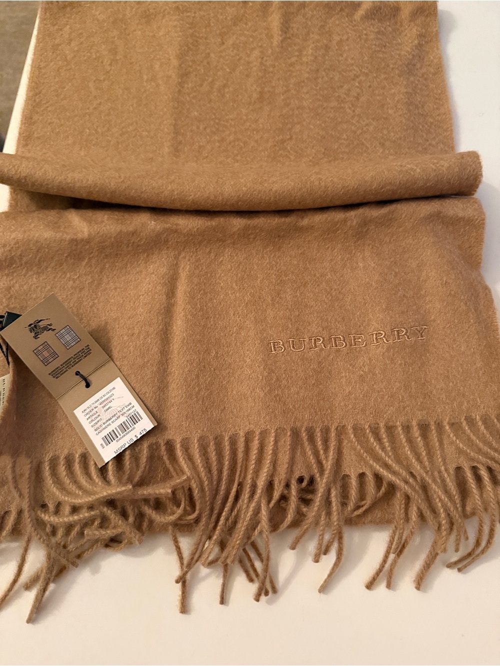 Burberry Camel Tone Cashmere Fringe Scarf
